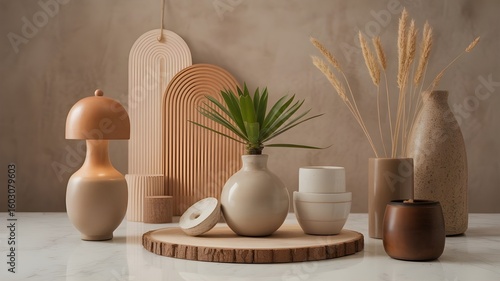 Wallpaper Mural Minimalist Still Life with Vases Plant and Wooden Accents on Marble Surface. Torontodigital.ca