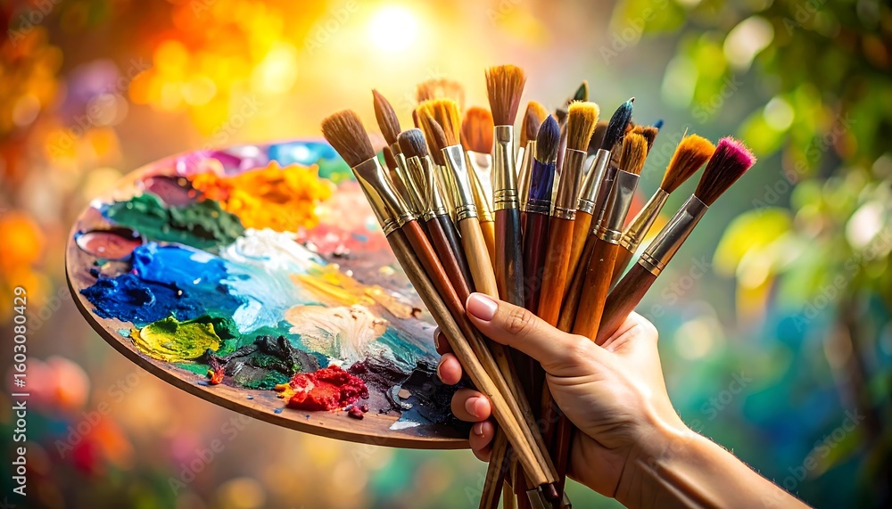 Fototapeta premium Hand holding paintbrushes and palette in front of a blurred background
