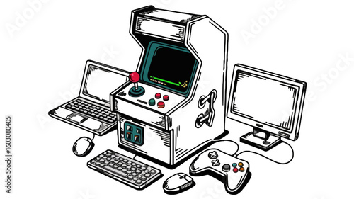 Gaming equipment doodle collection. Hand-drawn vector sketch set of modern and vintage gear: game controller, laptop, monitor, arcade machine, mouse, keyboard. Fun line art for tech and gaming designs