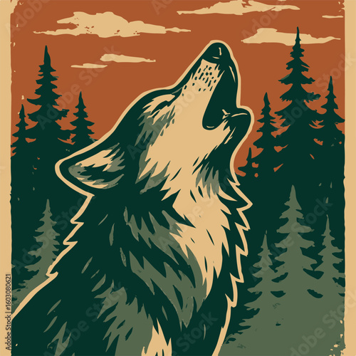 Illustration of a howling wolf in a forest setting with an orange sky and stylized cloud details