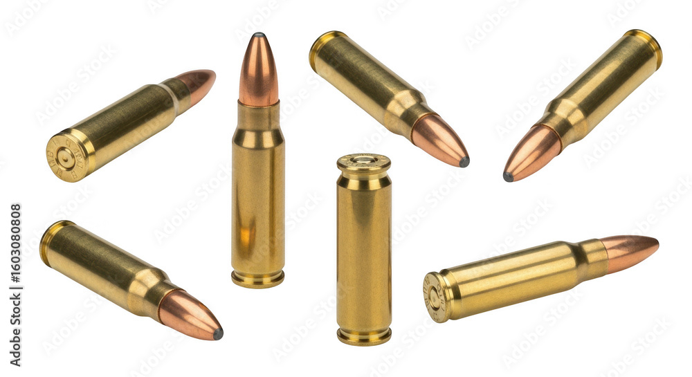 Collection of brass rifle cartridges and casings isolated on white background Collection of brass rifle cartridges and casings isolated on white background