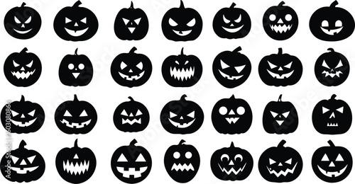  Vector art of a collection of carved pumpkins with various spooky faces are prepared for halloween