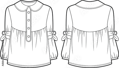 Stylish long sleeve blouse with button placket, gathered sleeves, bow accents, front and back view, sewing pattern, cad drawing flat vector illustration