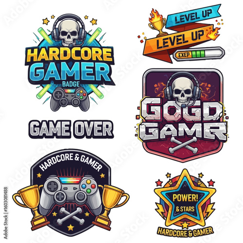 gamer label set, colorful gaming stickers, hardcore gamer vector, esports badge, level up icon, game over label, video game emblem, joystick icon, bright game design, gaming quote sticker.

