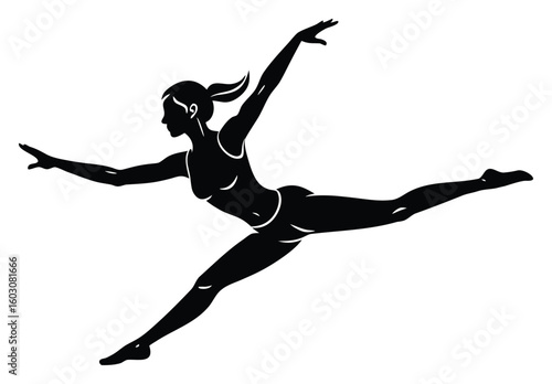 Silhouette of a Female Gymnast Performing a Split Leap Graceful Athletic Movement and Strength
