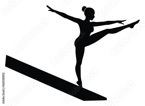 Silhouette of a Female Gymnast Performing on a Balance Beam with Grace and Poise Black and White Artistic Illustration