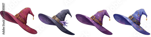 Set of isolated witch hats in various colors and styles for Halloween  