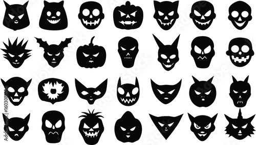  a vector set of  silhouetted Halloween masks set: a cartoon collection of ghost, pumpkin, cat, and skull face icons