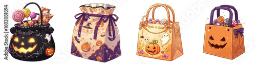 Set of isolated Trick or Treat bags in festive Halloween designs  