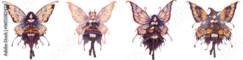 Set of isolated Halloween fairies in colorful designs  