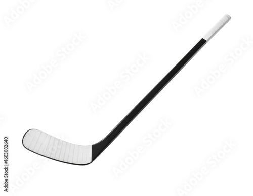 A black and white ice hockey stick, angled view, essential equipment for playing ice hockey, isolated on white.