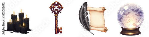 Set of isolated mystical objects including candles, key, scroll, and crystal ball, Halloween  