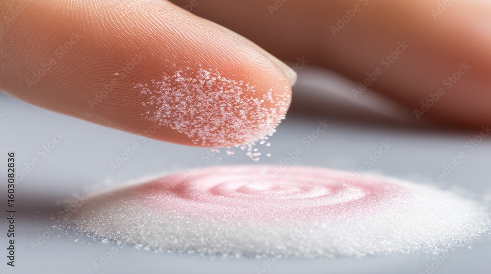 Fototapeta premium Fingertip dispersing fine particles of different colors onto a surface.