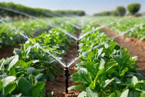 Sprinkler watering rows of green plants in a field, on a sunny day.