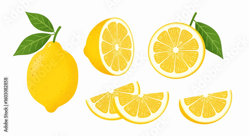 A vibrant illustrated set of fresh yellow lemon fruit, featuring whole, half, sliced, and wedge cuts with green leaves isolated on white.