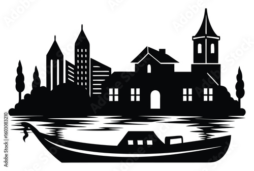 Silhouette of urban landscape with a canal boat in the foreground depicting city life and architecture