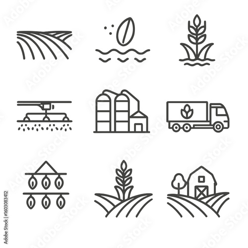 Grain Farming Icons. Line style icons of grain farming process: plowed field, sown seed icon, sprouting grain, harvest combine,