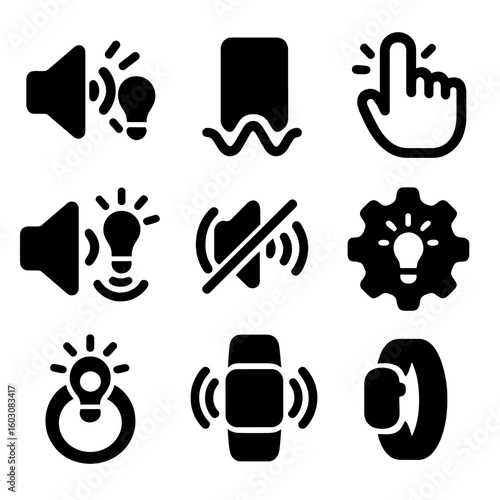 Multi-Sensory Alert Icons. Solid style icons of multi-sensory alerts: light plus sound symbol, vibration with wave icon, tactile