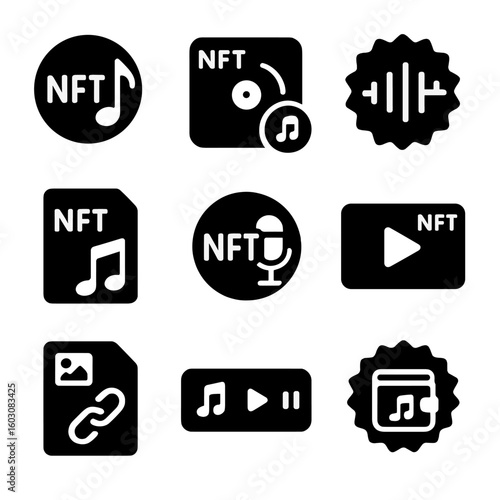 NFT Music Icons. Solid style icons of NFT music and media: music token icon, album NFT, audio wave badge, track preview NFT,