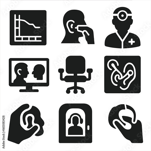 Hearing Support Icons. Solid style icons of healthcare hearing support: audiogram chart, hearing screening icon, ENT doctor badge,