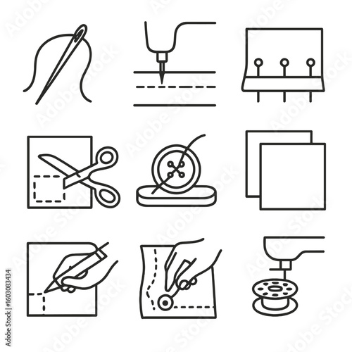 Beginner Sewing Icons. Line style icons of beginner sewing tasks: threading needle, sewing straight line, pinning hem, cutting