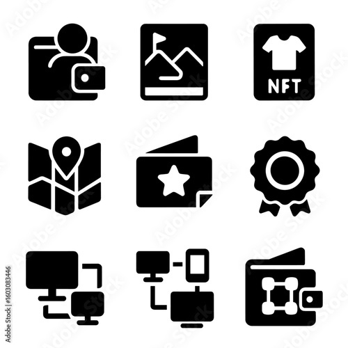 Metaverse Wallet Icons. Solid style icons of metaverse wallets: avatar-linked wallet, land token icon, virtual item NFT, metaverse