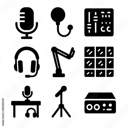 Podcast Equipment Icons. Solid style icons of podcast equipment: studio microphone, pop filter screen, audio mixer board,