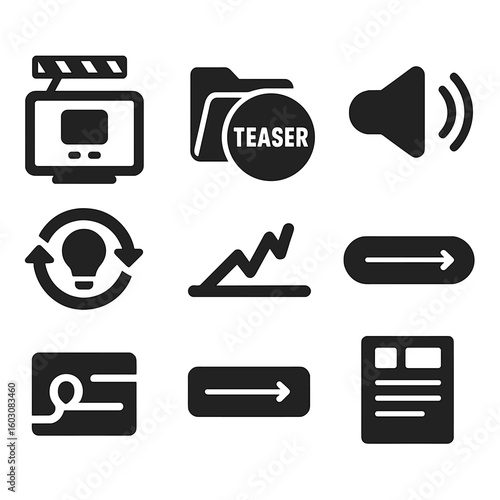 Podcast Series Icons. Solid style icons of podcast series structure: show season icon, multi-episode folder, teaser episode badge,