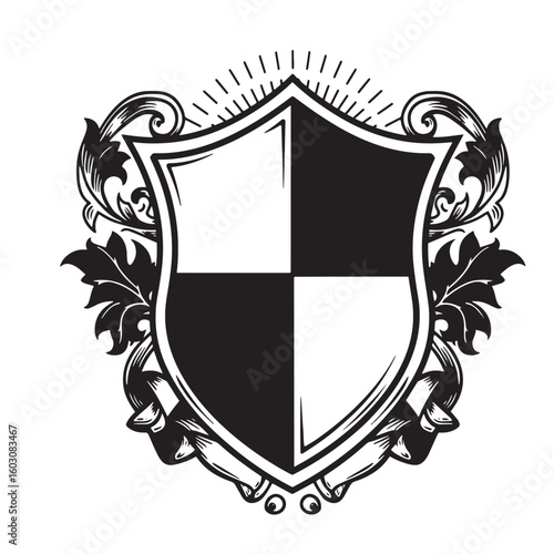 Intricate vintage art style crest featuring a four part shield design with decorative ornate embellishments and flourishes isolated on white.