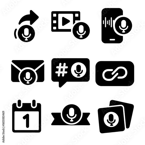 Podcast Promotion Icons. Solid style icons of podcast promotion: social media share icon, teaser clip icon, audiogram post, promo
