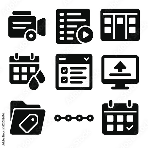 Content Batching Icons. Solid style icons of content batching: batch record icon, content queue list, planning board icon,