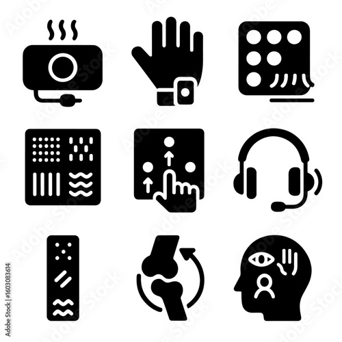 Sensory Rehab Devices Icons. Solid style icons of sensory rehab devices: vibration therapy pad, sensory glove icon, pressure