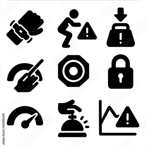 Rehab Safety Icons. Solid style icons of rehab safety measures: fall alert bracelet, exercise form warning, overload detector, max