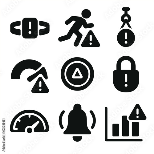 Rehab Safety Icons. Solid style icons of rehab safety measures: fall alert bracelet, exercise form warning, overload detector, max