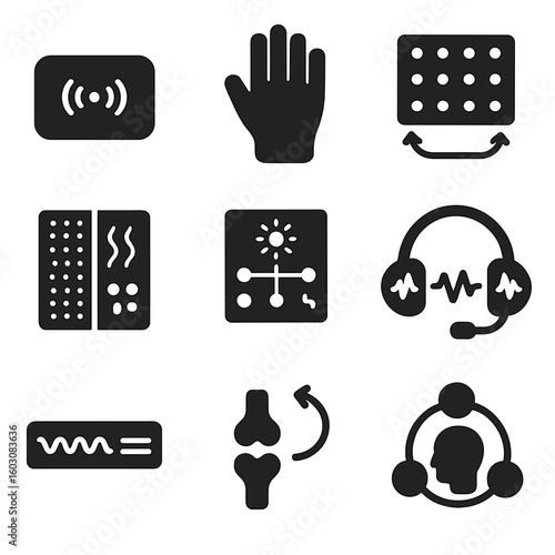 Sensory Rehab Devices Icons. Solid style icons of sensory rehab devices: vibration therapy pad, sensory glove icon, pressure
