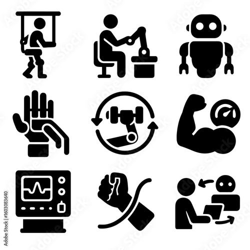 Robotic Rehab Icons. Solid style icons of robotic-assisted rehab: robotic gait trainer, arm movement robot, therapy bot icon,