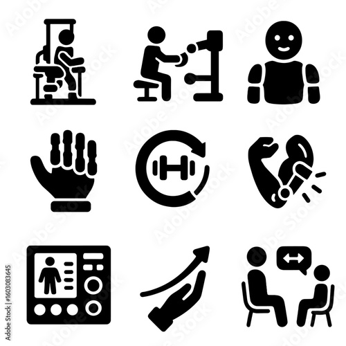 Robotic Rehab Icons. Solid style icons of robotic-assisted rehab: robotic gait trainer, arm movement robot, therapy bot icon,
