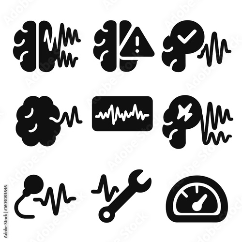 Brain Signal Icons. Solid style icons of brain signal quality: noise detection icon, interference alert, clean signal badge,