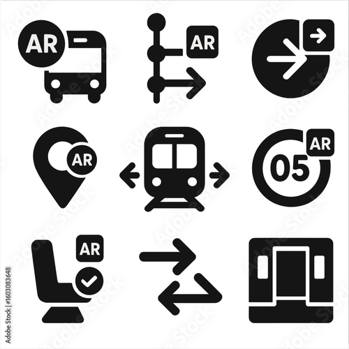 AR Transport Icons. Solid style icons of AR-assisted public transport: bus arrival overlay, metro line path icon, platform