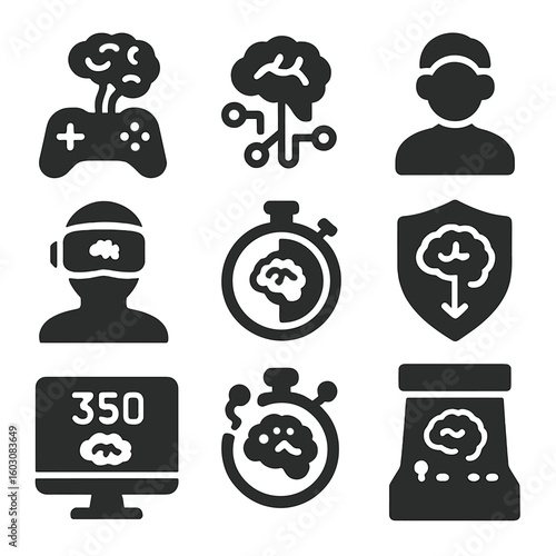 Neuro-Gaming Icons Collection. Solid style icons of brain-controlled gaming: gamepad with brain icon, neural reaction booster,
