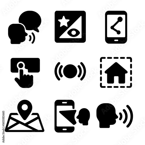 AR Accessibility Icons. Solid style icons of accessibility in AR navigation: text-to-voice badge, high contrast mode icon,