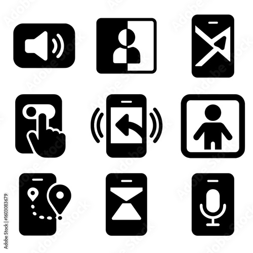 AR Accessibility Icons. Solid style icons of accessibility in AR navigation: text-to-voice badge, high contrast mode icon,