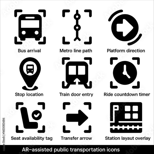 AR Transport Icons. Solid style icons of AR-assisted public transport: bus arrival overlay, metro line path icon, platform