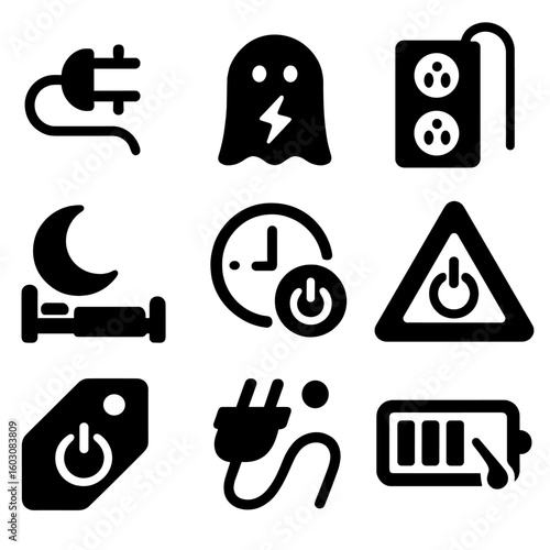 Standby Power Icons. Solid style icons of reducing standby power: unplugged plug icon, phantom load alert, power strip switch,