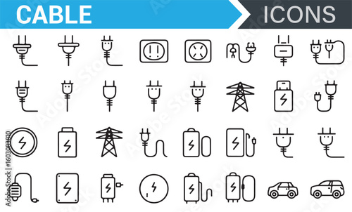 Various Electric Cable and Charging Icons for Power and Battery Use
