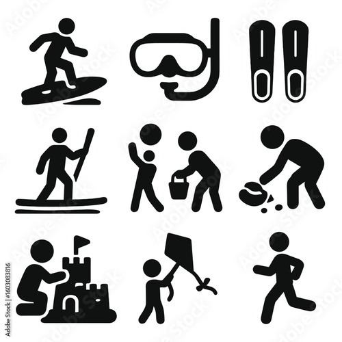 Ocean Activity Icons. Solid style icons of beach and ocean activities: surfing icon, snorkeling mask, swimming fins,