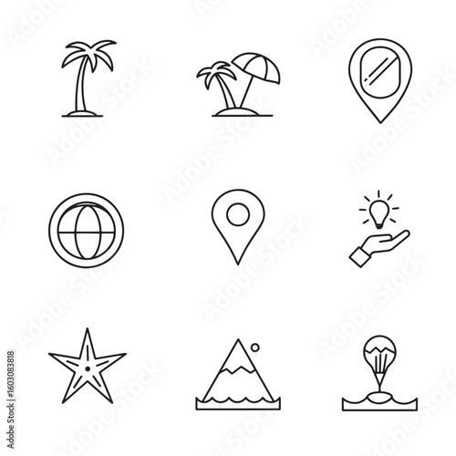 Minimalist vector icons representing travel destinations concepts including location vacation destinations and adventure symbolism