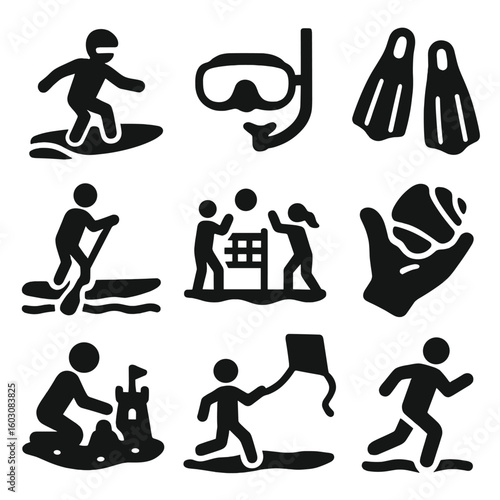 Ocean Activity Icons. Solid style icons of beach and ocean activities: surfing icon, snorkeling mask, swimming fins,