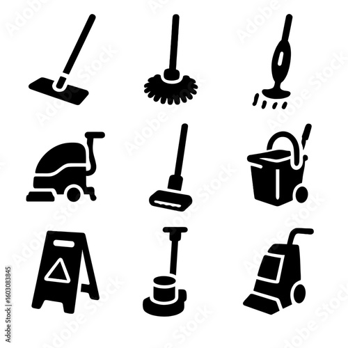 Floor Cleaning Equipment Icons. Solid style icons of floor cleaning equipment: flat mop, spin mop, steam mop, floor scrubber,