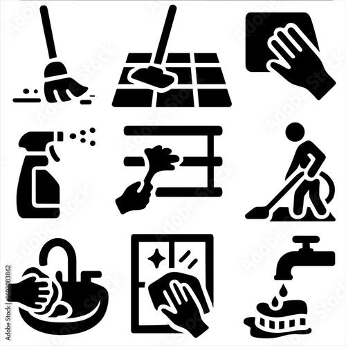 Cleaning Task Icons. Solid style icons of cleaning tasks and actions: sweeping floor, mopping tile, wiping counter, spraying